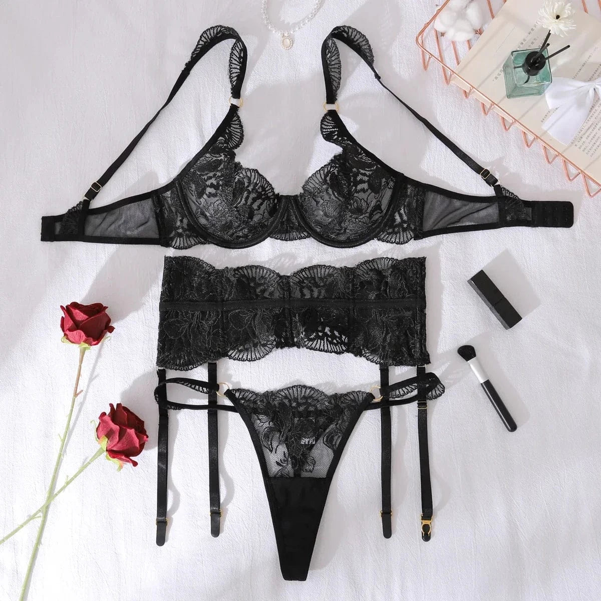AVELINE 2025 Black Embroidered Lace Steel Hoop Gather Waist Cover Sculpting Sexy and Charming Split Set Three Piece Set - A-1 Thread Vault