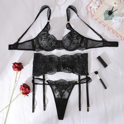 AVELINE 2025 Black Embroidered Lace Steel Hoop Gather Waist Cover Sculpting Sexy and Charming Split Set Three Piece Set - A-1 Thread Vault