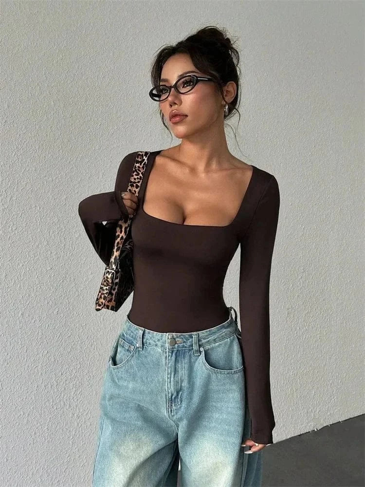 Basic Square Neck Long Sleeve Bodysuit Blouse for Women Autumn Winter Sexy Slim Fit Solid Color Bodysuits Streetwear Y2K - A-1 Thread Vault