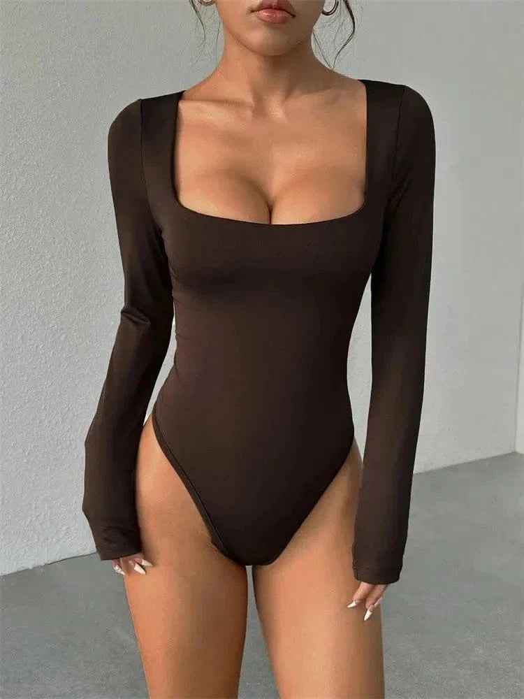 Basic Square Neck Long Sleeve Bodysuit Blouse for Women Autumn Winter Sexy Slim Fit Solid Color Bodysuits Streetwear Y2K - A-1 Thread Vault