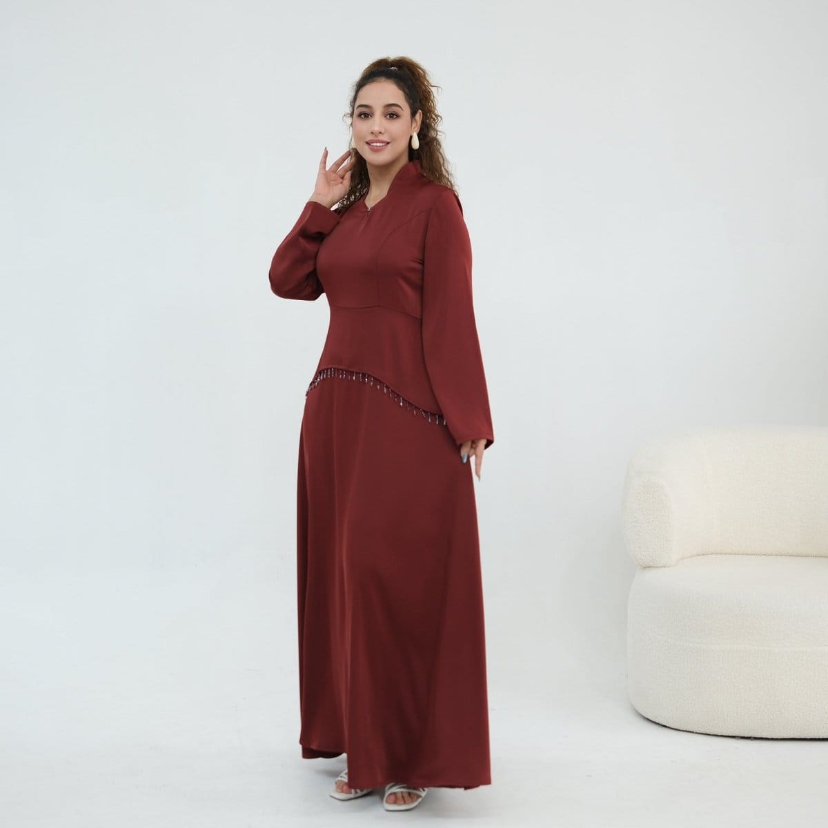 Beaded-Waist Corset-Back Flared-Sleeve Maxi Dress(MS476) - A-1 Thread Vault
