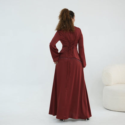 Beaded-Waist Corset-Back Flared-Sleeve Maxi Dress(MS476) - A-1 Thread Vault