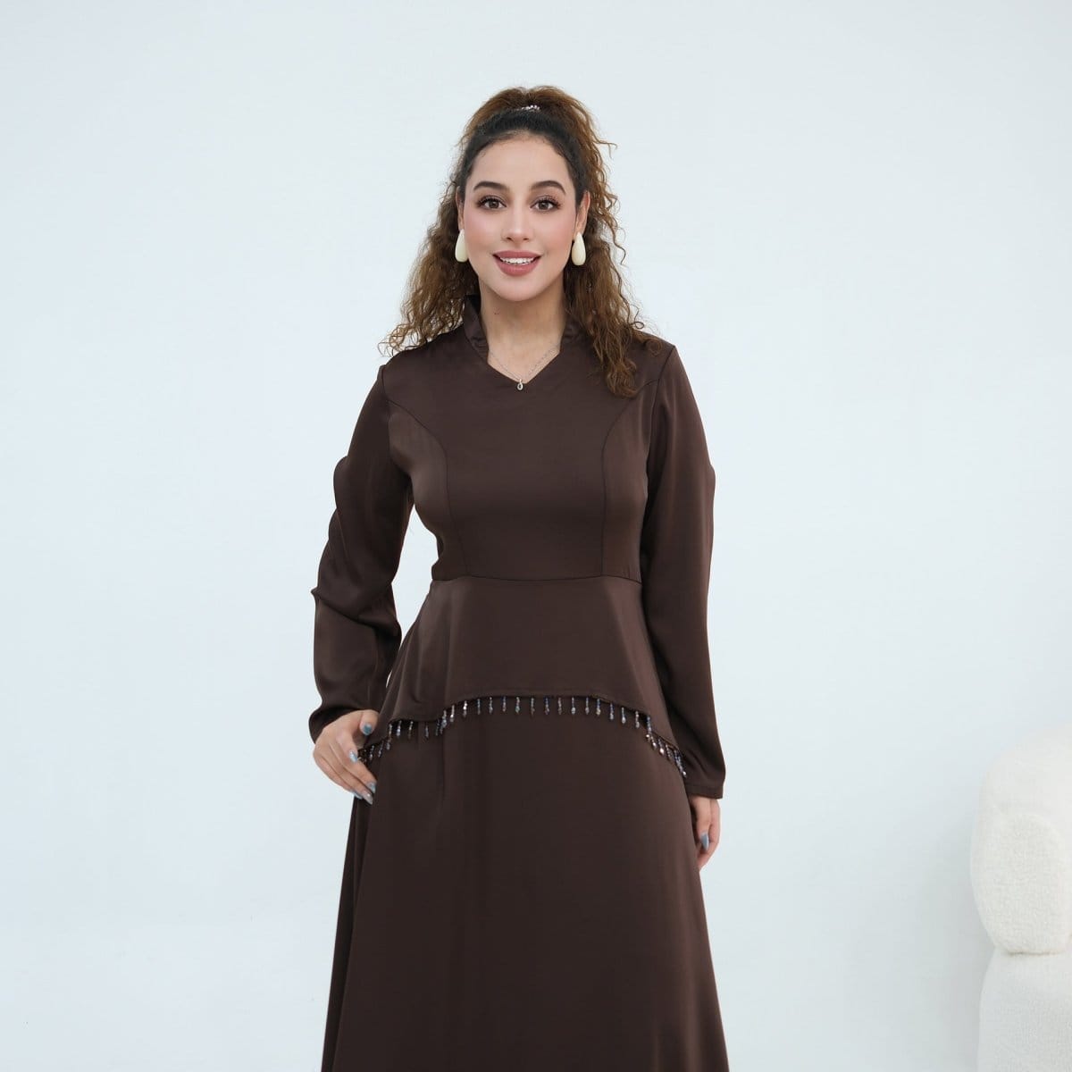 Beaded-Waist Corset-Back Flared-Sleeve Maxi Dress(MS476) - A-1 Thread Vault