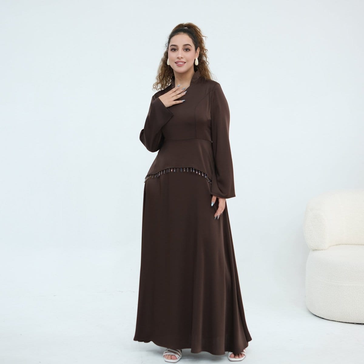 Beaded-Waist Corset-Back Flared-Sleeve Maxi Dress(MS476) - A-1 Thread Vault