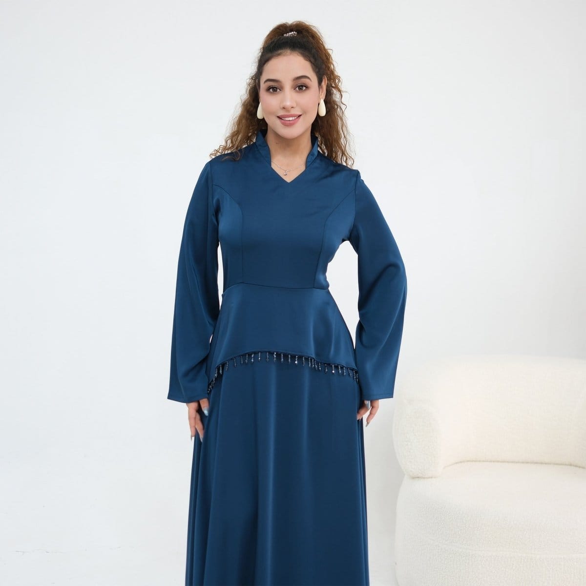 Beaded-Waist Corset-Back Flared-Sleeve Maxi Dress(MS476) - A-1 Thread Vault