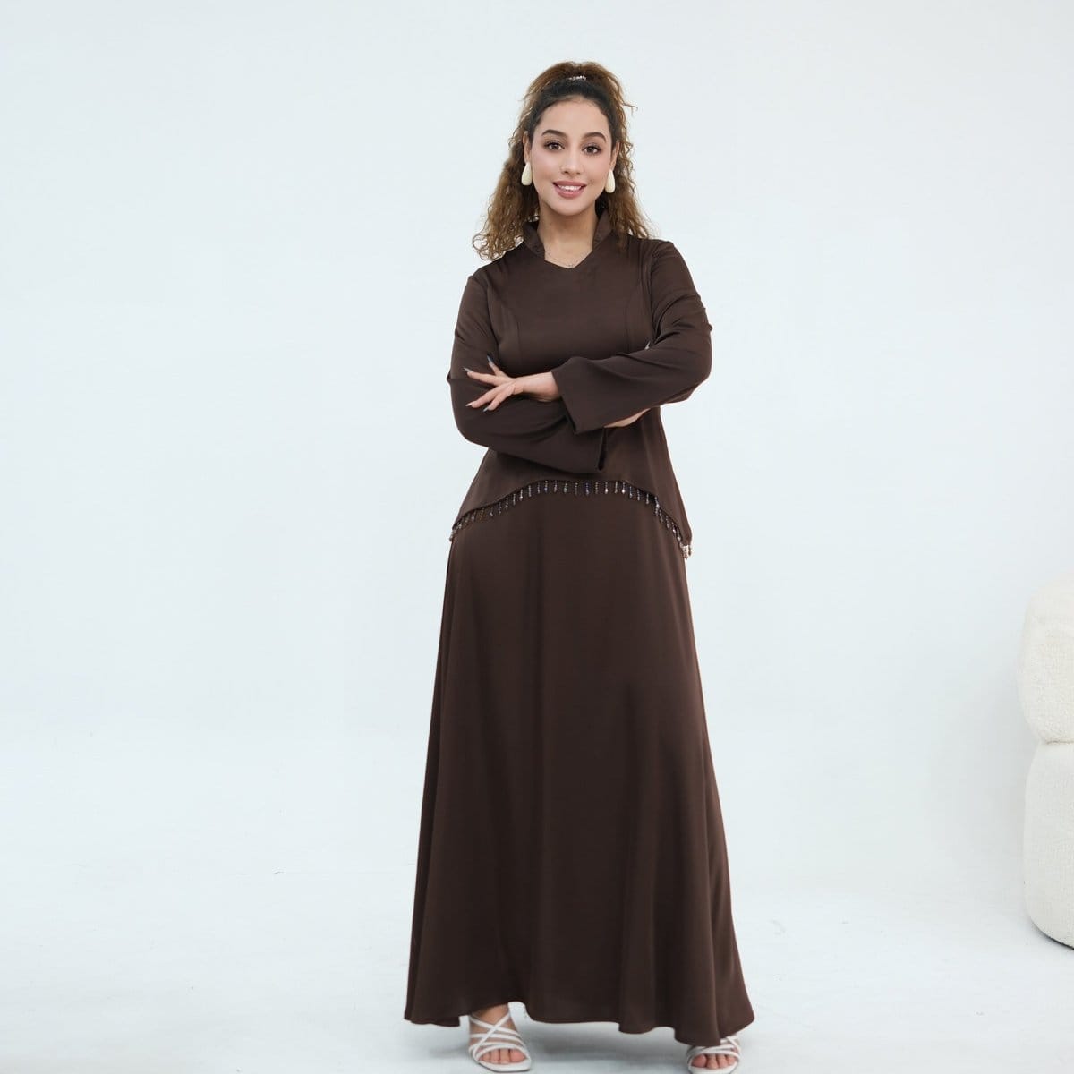Beaded-Waist Corset-Back Flared-Sleeve Maxi Dress(MS476) - A-1 Thread Vault