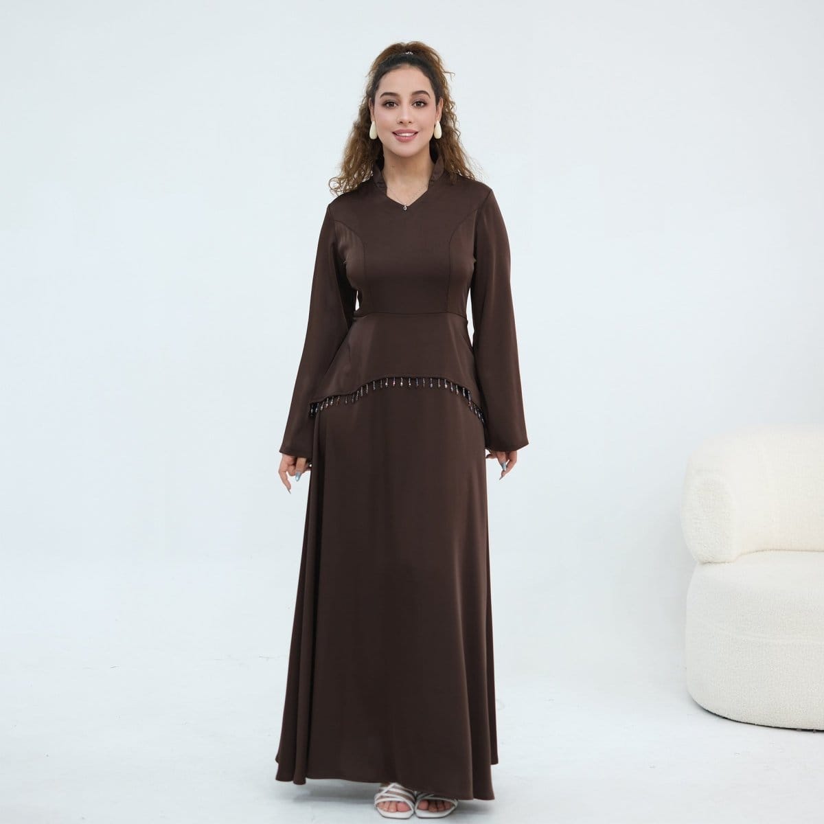 Beaded-Waist Corset-Back Flared-Sleeve Maxi Dress(MS476) - A-1 Thread Vault