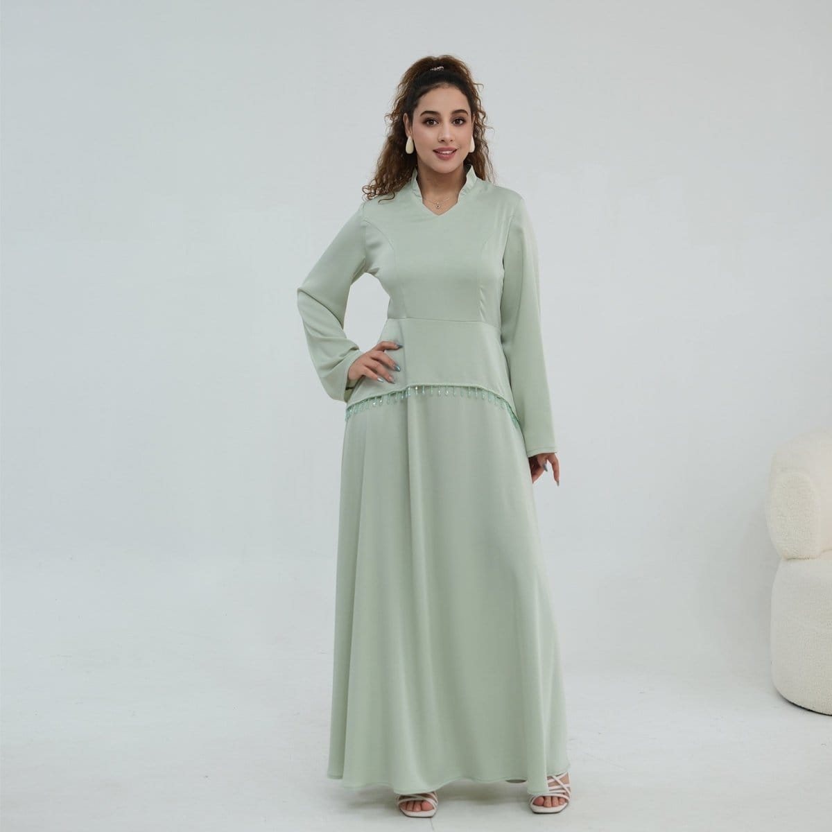 Beaded-Waist Corset-Back Flared-Sleeve Maxi Dress(MS476) - A-1 Thread Vault