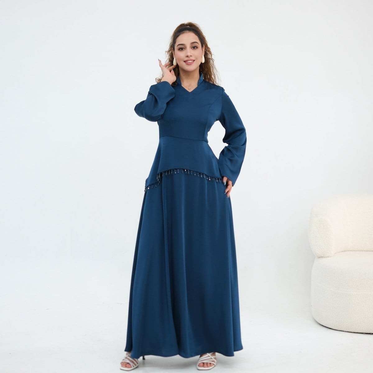 Beaded-Waist Corset-Back Flared-Sleeve Maxi Dress(MS476) - A-1 Thread Vault