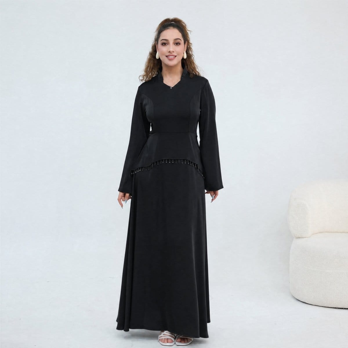 Beaded-Waist Corset-Back Flared-Sleeve Maxi Dress(MS476) - A-1 Thread Vault
