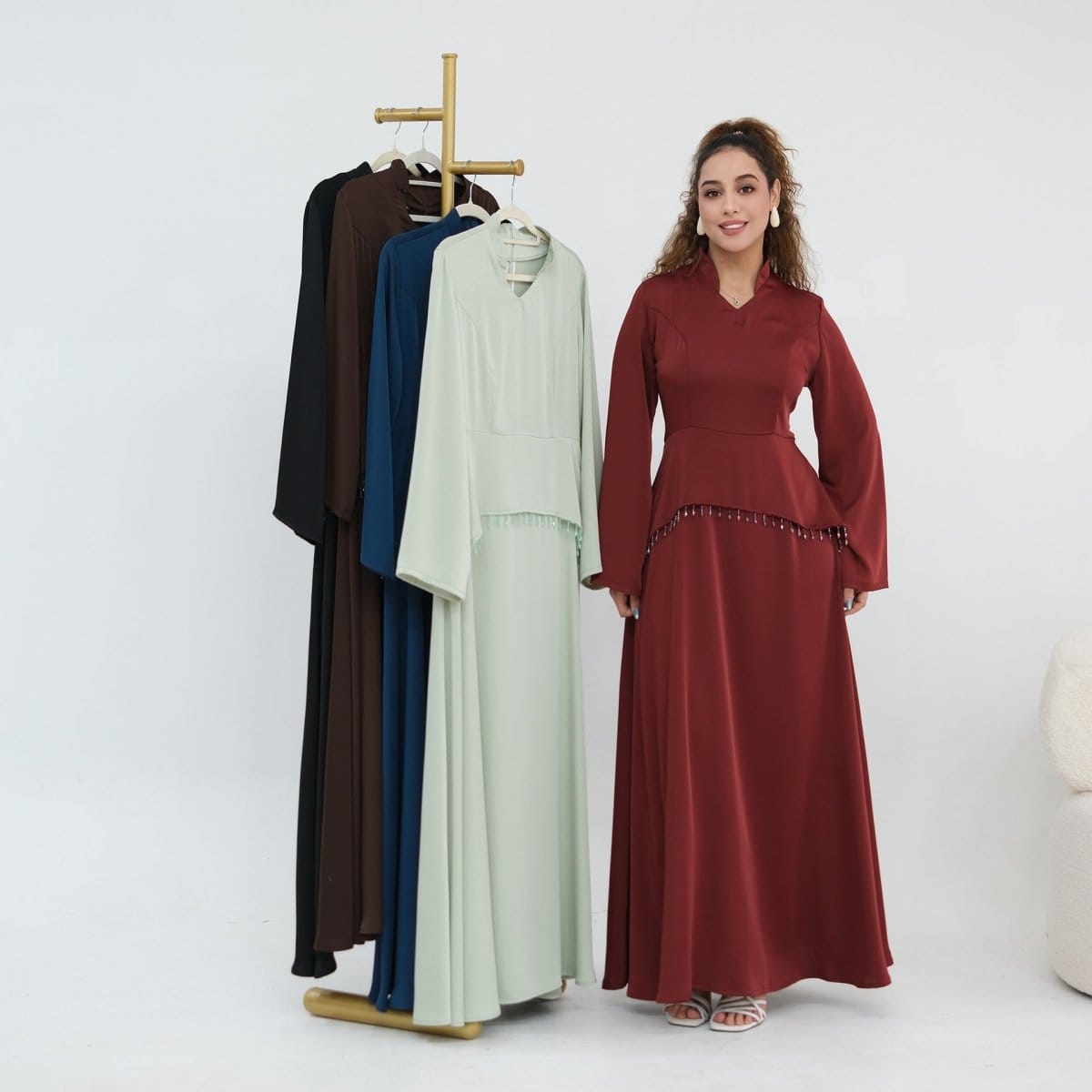 Beaded-Waist Corset-Back Flared-Sleeve Maxi Dress(MS476) - A-1 Thread Vault