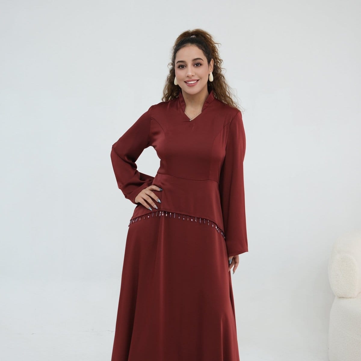 Beaded-Waist Corset-Back Flared-Sleeve Maxi Dress(MS476) - A-1 Thread Vault