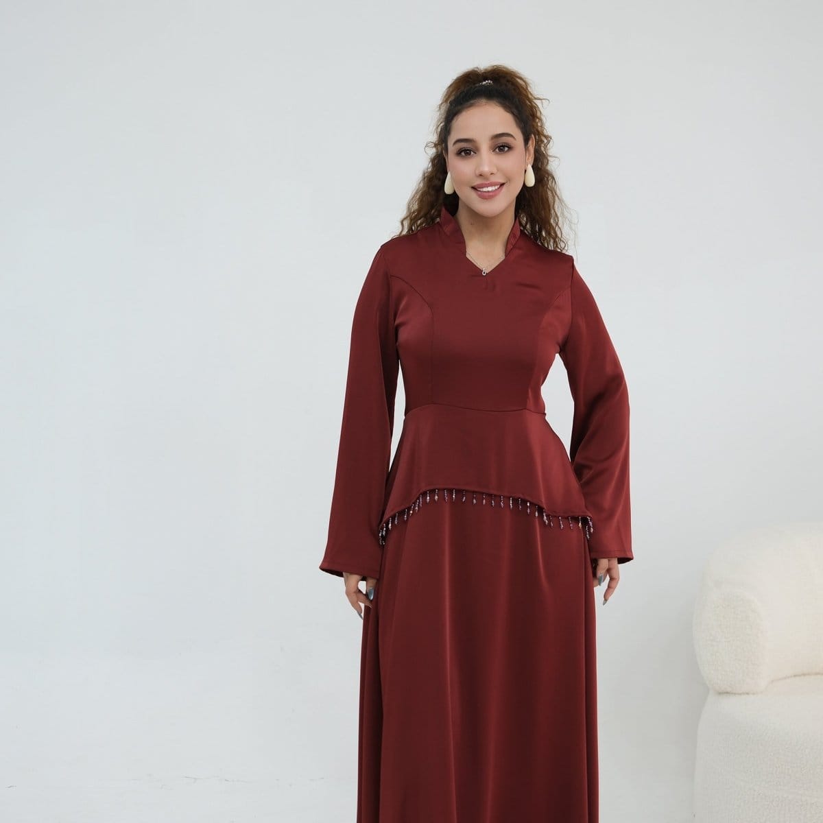 Beaded-Waist Corset-Back Flared-Sleeve Maxi Dress(MS476) - A-1 Thread Vault