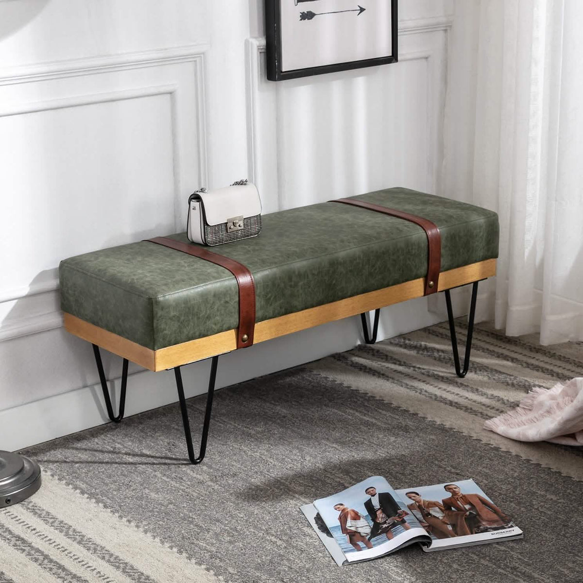 Bench for Bedroom Entryway Linen Ottoman Fabric Upholstered with Soft Cushion and Solid Wood Frame - A-1 Thread Vault