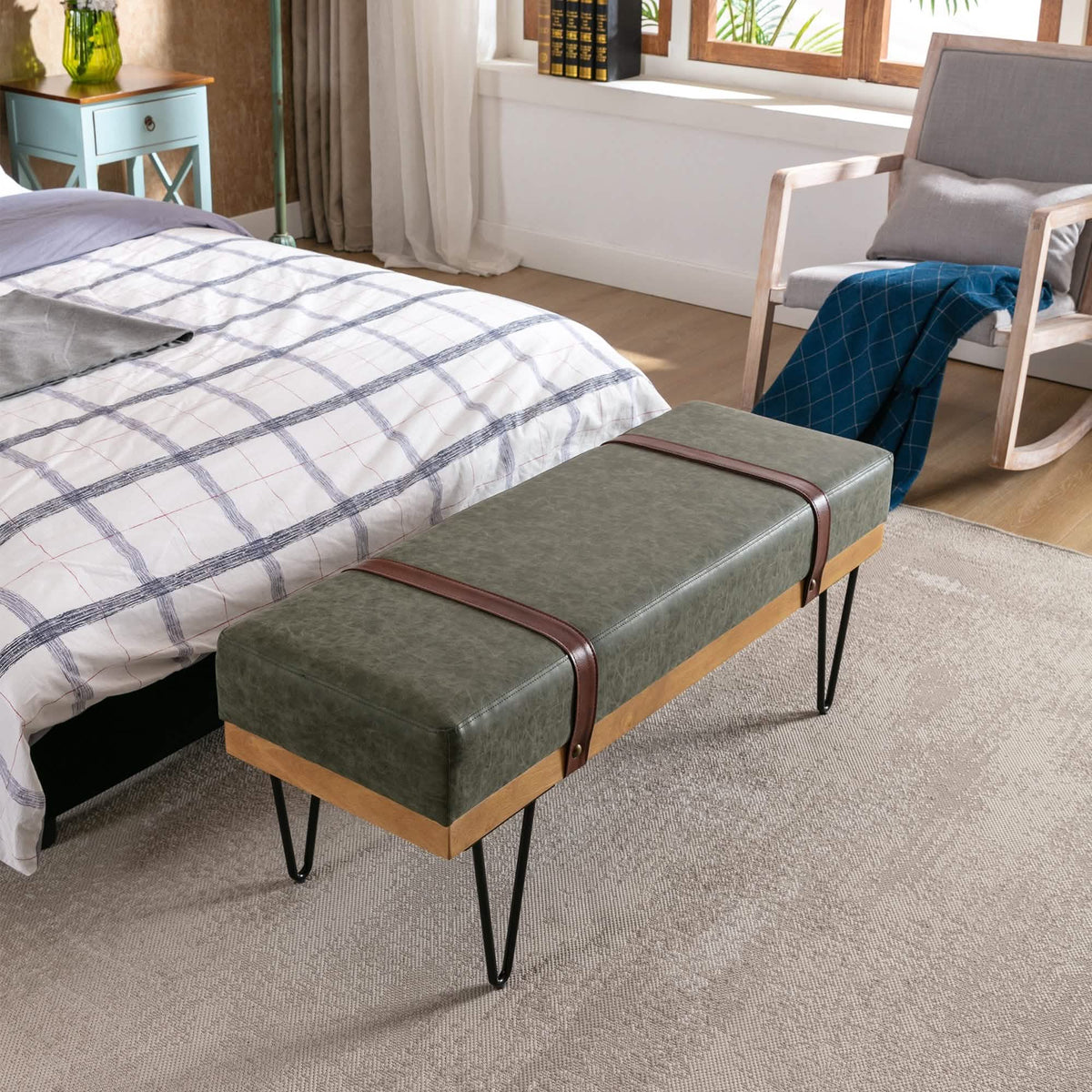 Bench for Bedroom Entryway Linen Ottoman Fabric Upholstered with Soft Cushion and Solid Wood Frame - A-1 Thread Vault