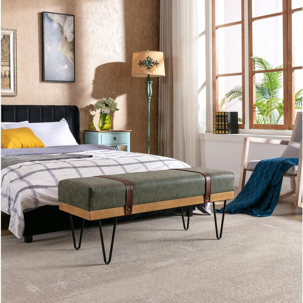 Bench for Bedroom Entryway Linen Ottoman Fabric Upholstered with Soft Cushion and Solid Wood Frame - A-1 Thread Vault