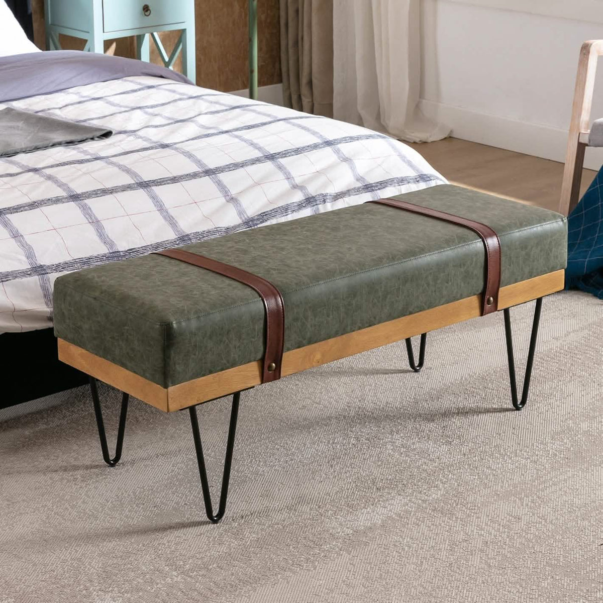 Bench for Bedroom Entryway Linen Ottoman Fabric Upholstered with Soft Cushion and Solid Wood Frame - A-1 Thread Vault