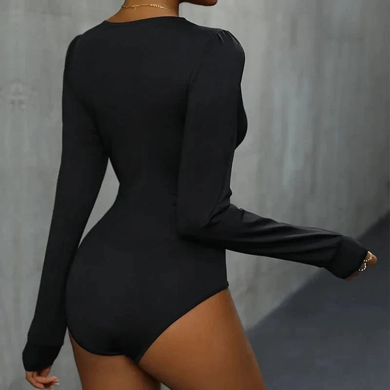 Benuynffy Sexy Deep V-neck Contrast Lace Bodysuit Women's Spring Fall Long Sleeve Club Party Elegant One-piece Body Tops - A-1 Thread Vault