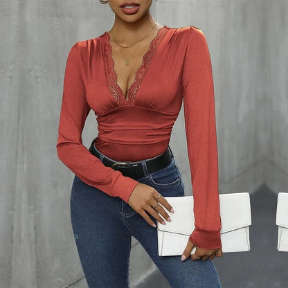Benuynffy Sexy Deep V-neck Contrast Lace Bodysuit Women's Spring Fall Long Sleeve Club Party Elegant One-piece Body Tops - A-1 Thread Vault