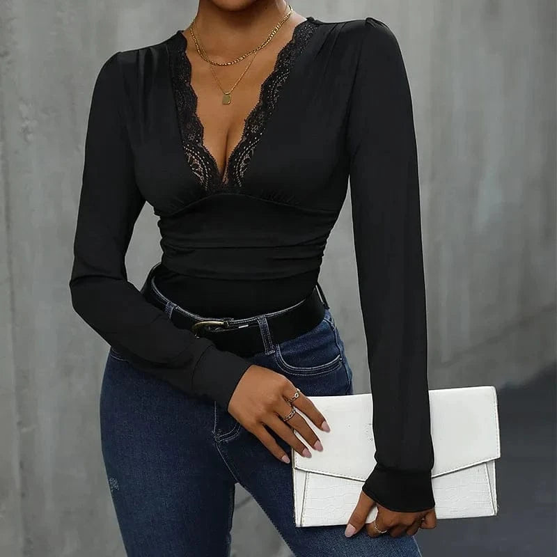 Benuynffy Sexy Deep V-neck Contrast Lace Bodysuit Women's Spring Fall Long Sleeve Club Party Elegant One-piece Body Tops - A-1 Thread Vault