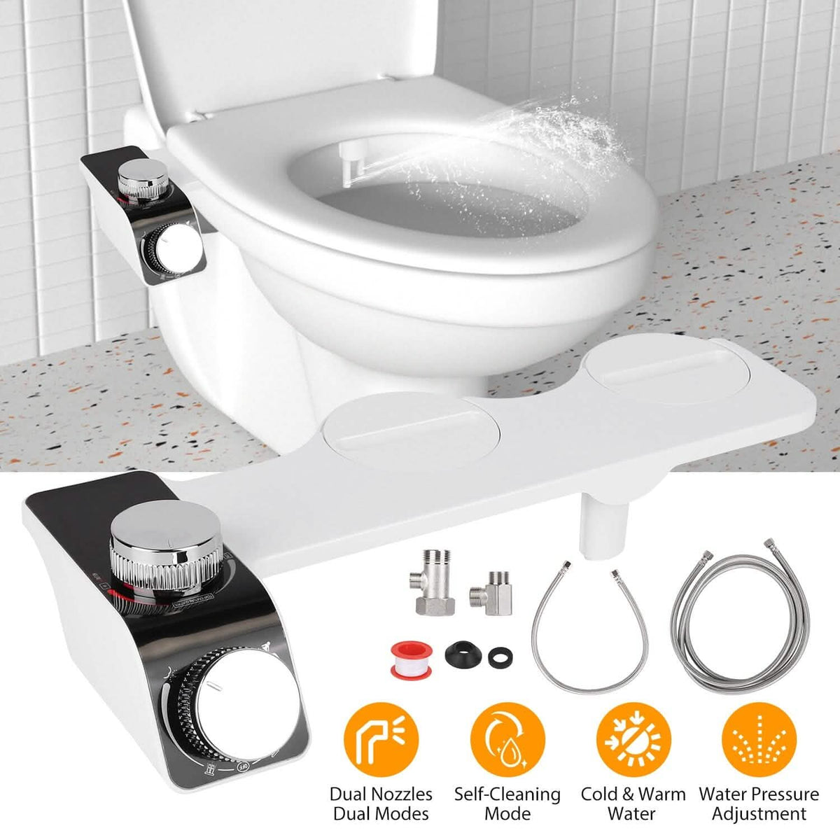 Bidet Attachment Non-Electric Fresh Water Sprayer with Self Cleaning Dual Nozzle - A-1 Thread Vault