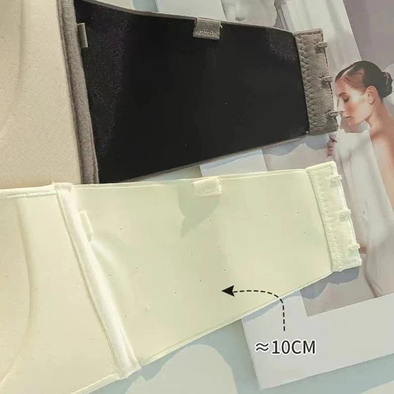 Two bra back bands in black and cream are displayed with a label indicating a width of approximately 10 centimeters for the cream-colored band.