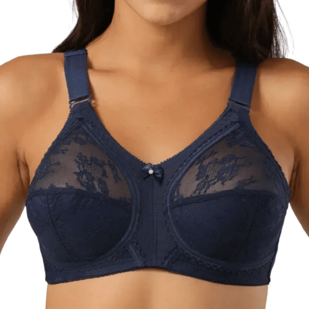 A navy blue full-coverage bra featuring floral lace detailing on the upper cups and a small bow accent at the center gore.