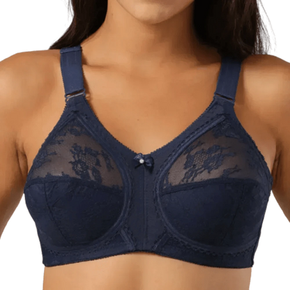 A navy blue full-coverage bra featuring floral lace detailing on the upper cups and a small bow accent at the center gore.