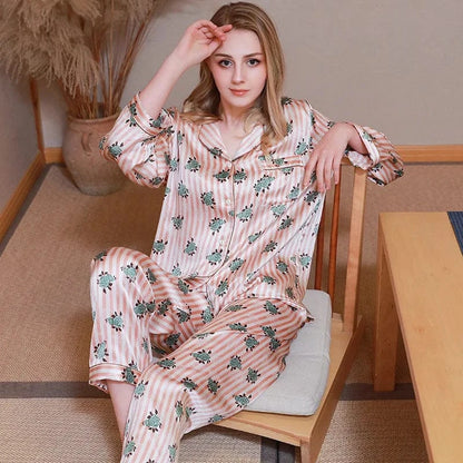 Birdtree Fall 16MM 100%Real Silk Pajama Set Women Satin Print Pyjama Pj Suit Long Sleeve Bedroom Sleepwear Set P36637QC - A-1 Thread Vault