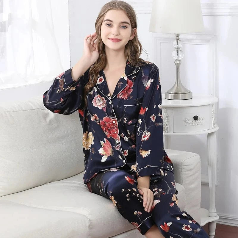 Birdtree Fall 16MM 100%Real Silk Pajama Set Women Satin Print Pyjama Pj Suit Long Sleeve Bedroom Sleepwear Set P36637QC - A-1 Thread Vault