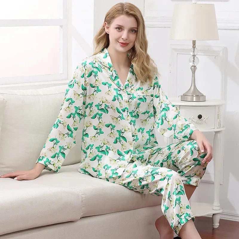 Birdtree Fall 16MM 100%Real Silk Pajama Set Women Satin Print Pyjama Pj Suit Long Sleeve Bedroom Sleepwear Set P36637QC - A-1 Thread Vault