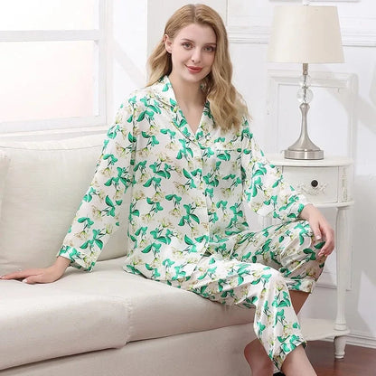 Birdtree Fall 16MM 100%Real Silk Pajama Set Women Satin Print Pyjama Pj Suit Long Sleeve Bedroom Sleepwear Set P36637QC - A-1 Thread Vault