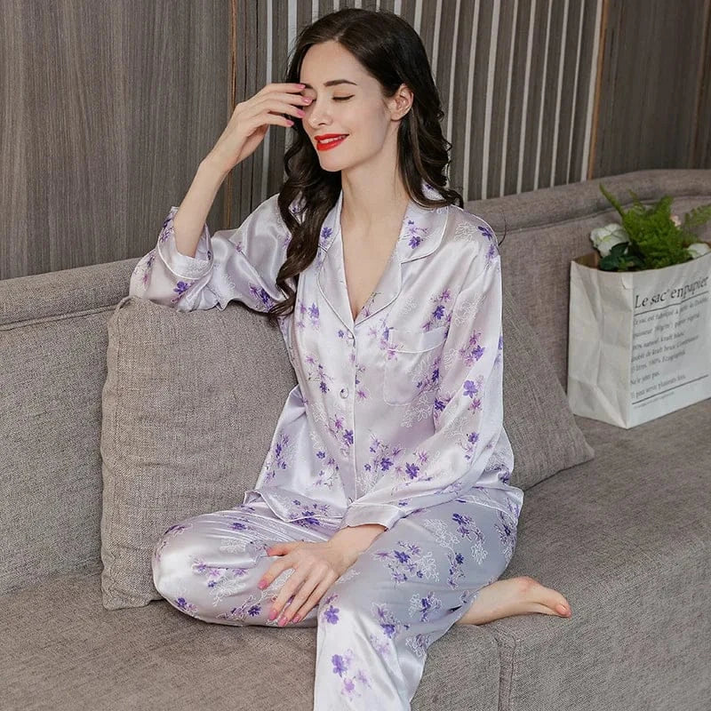 Birdtree Fall 16MM 100%Real Silk Pajama Set Women Satin Print Pyjama Pj Suit Long Sleeve Bedroom Sleepwear Set P36637QC - A-1 Thread Vault