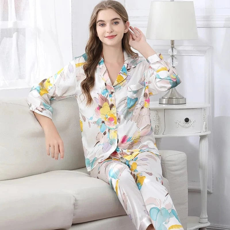 Birdtree Fall 16MM 100%Real Silk Pajama Set Women Satin Print Pyjama Pj Suit Long Sleeve Bedroom Sleepwear Set P36637QC - A-1 Thread Vault