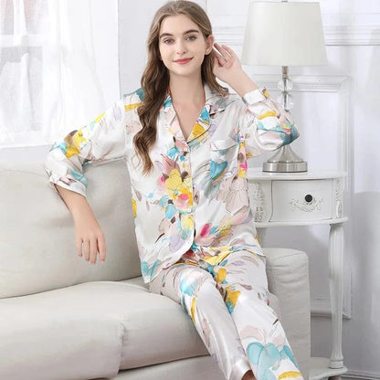 Birdtree Fall 16MM 100%Real Silk Pajama Set Women Satin Print Pyjama Pj Suit Long Sleeve Bedroom Sleepwear Set P36637QC - A-1 Thread Vault