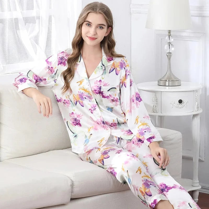 Birdtree Fall 16MM 100%Real Silk Pajama Set Women Satin Print Pyjama Pj Suit Long Sleeve Bedroom Sleepwear Set P36637QC - A-1 Thread Vault