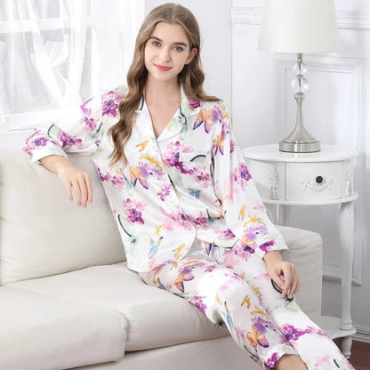 Birdtree Fall 16MM 100%Real Silk Pajama Set Women Satin Print Pyjama Pj Suit Long Sleeve Bedroom Sleepwear Set P36637QC - A-1 Thread Vault