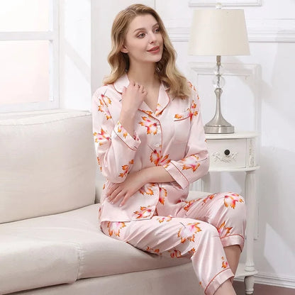 Birdtree Fall 16MM 100%Real Silk Pajama Set Women Satin Print Pyjama Pj Suit Long Sleeve Bedroom Sleepwear Set P36637QC - A-1 Thread Vault