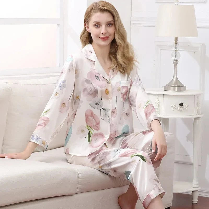 Birdtree Fall 16MM 100%Real Silk Pajama Set Women Satin Print Pyjama Pj Suit Long Sleeve Bedroom Sleepwear Set P36637QC - A-1 Thread Vault