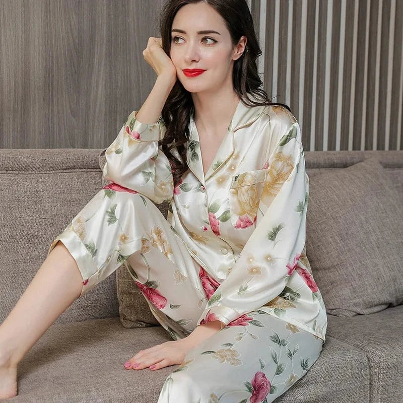 Birdtree Fall 16MM 100%Real Silk Pajama Set Women Satin Print Pyjama Pj Suit Long Sleeve Bedroom Sleepwear Set P36637QC - A-1 Thread Vault
