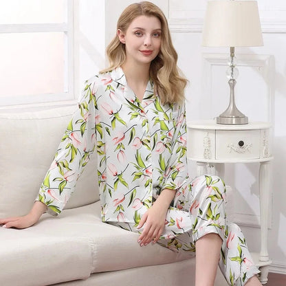 Birdtree Fall 16MM 100%Real Silk Pajama Set Women Satin Print Pyjama Pj Suit Long Sleeve Bedroom Sleepwear Set P36637QC - A-1 Thread Vault
