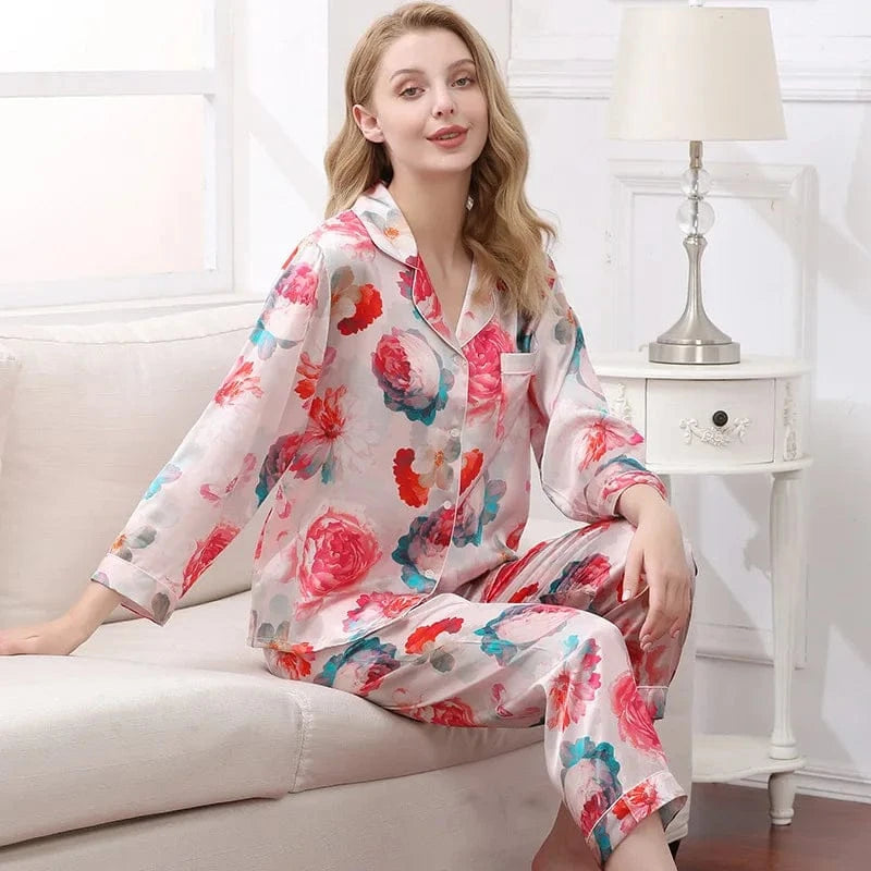 Birdtree Fall 16MM 100%Real Silk Pajama Set Women Satin Print Pyjama Pj Suit Long Sleeve Bedroom Sleepwear Set P36637QC - A-1 Thread Vault
