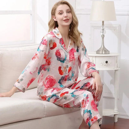 Birdtree Fall 16MM 100%Real Silk Pajama Set Women Satin Print Pyjama Pj Suit Long Sleeve Bedroom Sleepwear Set P36637QC - A-1 Thread Vault