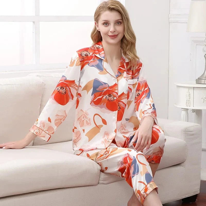 Birdtree Fall 16MM 100%Real Silk Pajama Set Women Satin Print Pyjama Pj Suit Long Sleeve Bedroom Sleepwear Set P36637QC - A-1 Thread Vault