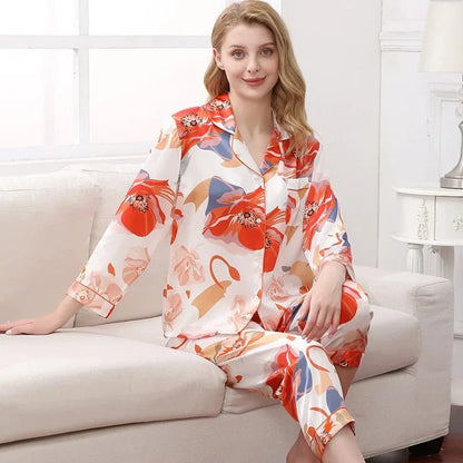 Birdtree Fall 16MM 100%Real Silk Pajama Set Women Satin Print Pyjama Pj Suit Long Sleeve Bedroom Sleepwear Set P36637QC - A-1 Thread Vault