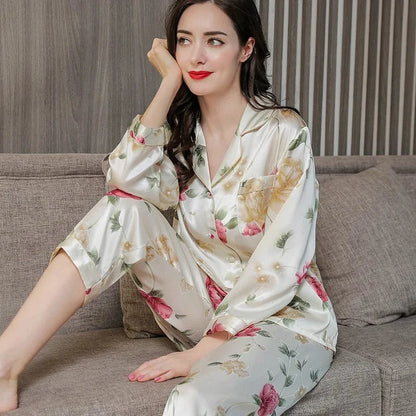 Birdtree Fall 16MM 100%Real Silk Pajama Set Women Satin Print Pyjama Pj Suit Long Sleeve Bedroom Sleepwear Set P36637QC - A-1 Thread Vault