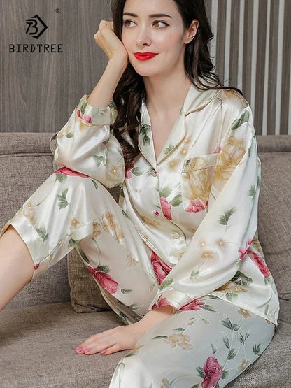 Birdtree Fall 16MM 100%Real Silk Pajama Set Women Satin Print Pyjama Pj Suit Long Sleeve Bedroom Sleepwear Set P36637QC - A-1 Thread Vault
