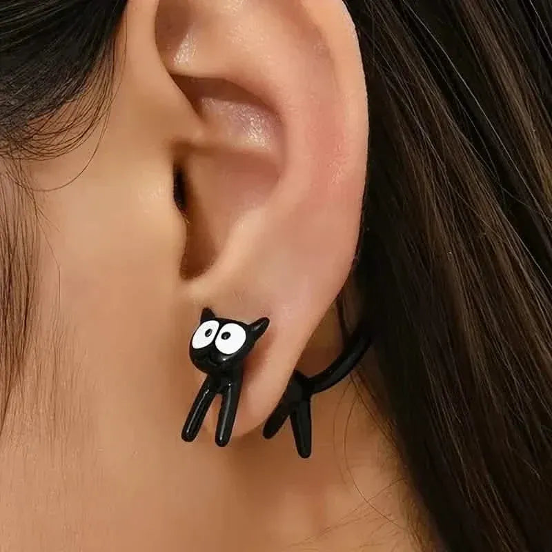 Black Cat Front And Back Stud Earrings For Women - A-1 Thread Vault