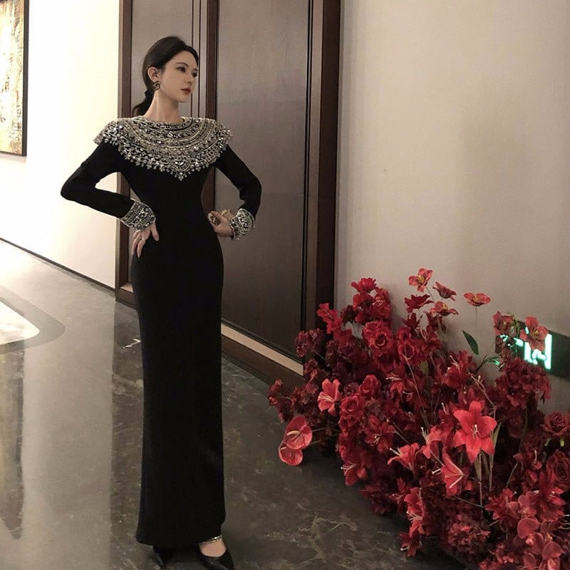 Black Fitted Column Gown(MS423) - A-1 Thread Vault