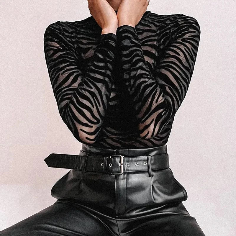 Black Mesh Transparent Sexy Bodysuit Long Sleeve Slim Skinny Stripe Mock Neck Casual Rompers Women Lady Party Club Body - A-1 Thread Vault